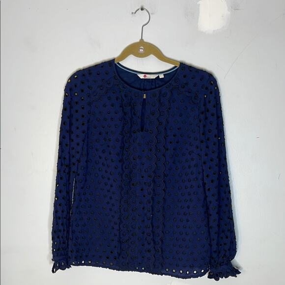 BODEN Navy and Black Eyelet Scalloped Detail Viscose Blend Long Sleeve Top Sz 8 - Picture 1 of 6